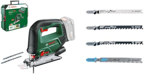 Bosch Cordless Jigsaw AdvancedSaw 18V-140 (Pendulum Function; Brushless Motor; Without Battery and Charger) + Tough Box Jigsaw Blade-Set with Single Lug Shank, Set of 40 Piece