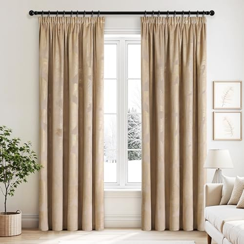 MIULEE Samtvorhäng Kräuselband mit Blattgolddruck Verdunklungsvorhänge Samt Gardinen Blickdicht Abdunklungsvorhang Thermovorhang Wohnzimmer Schlafzimmer 2er Set, 140 x 245 cm, Beige