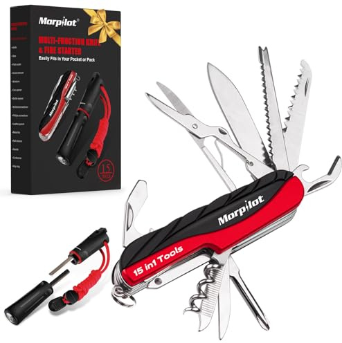 Morpilot 15 in 1 Multi Tools aus Edelstahl, Multifunktionswerkzeug, 4 in 1 Feuerstein, mit Schraubendreher, Pfeife, Säge und Compassrstein