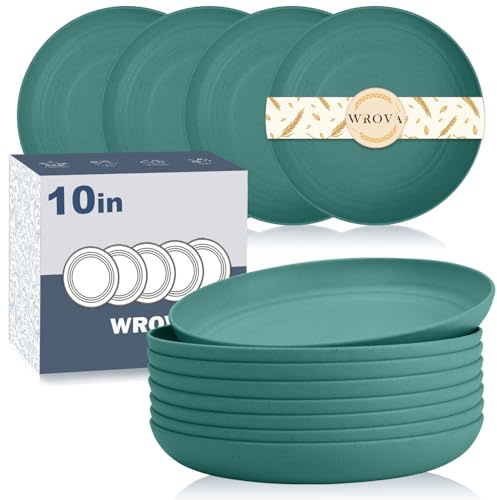 Wrova Large Reusable Deep Plates - 10 Inch Unbreakable Plastic Dinner Plate Set of 8 - Dishwasher & Microwave Safe Plastic Plates Reusable for Indoors and Outdoors - DarkGreen