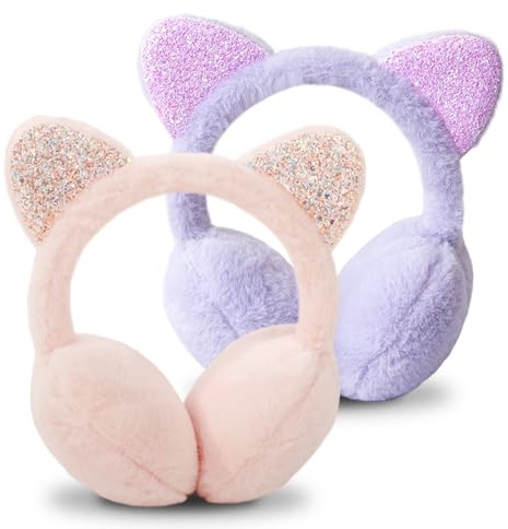 ESYFOR Cache Oreille Enfant, 2 Pièces Cache-Oreilles Fille Peluche Douce Chauffe Oreilles Forme de Chat Mignon Réglables Fourreau d'Oreille pour Ski Cadeau Noël