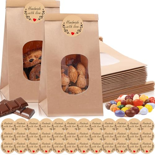 GmwyCzV 25 Stück Papiertüten mit Fenster, Braun Plätzchentüten Kraftpapier, | 25x12x6CM Kleine Kekstüten mit Fenster, Kraftpapiertüten Geschenktüten mit Aufkleber, für Süßigkeiten, Keks, Partys