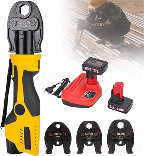 Pinza crimpatrice elettroidraulica – Pressa in rame da 12 V con 2 batterie e 3 ganasce a crimpare per tubi idraulici, kit completo di utensili elettrici