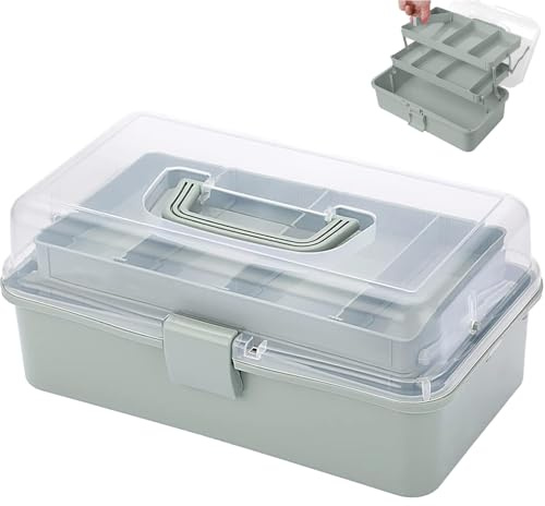 Kongming 32 cm pysselväska för barn, 3 hyllor, mångsidig förvaringslåda med lock, pyssellåda i plast för små delar, organiseringslåda, sylåda, medicinfodral, verktygslåda, fiskeryggsäck (grön)