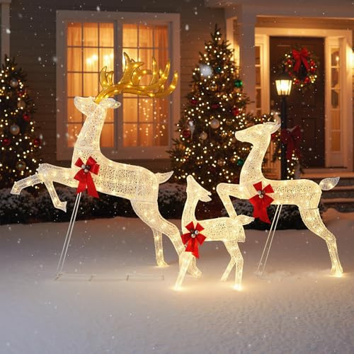 COSTWAY 3 teiliges LED Rentier Familie groß, beleuchtete Weihnachtsdeko XXL, Weihnachtsfigur mit 330 warmweißen Lichtern & Schleifen, Weihnachtsbeleuchtung, Weihnachtsdekoration für Außen & Innen