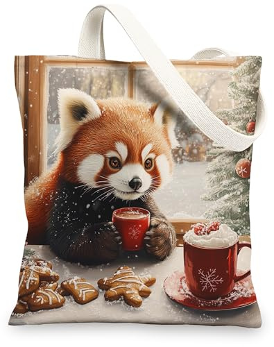 Sac fourre-tout d'hiver en toile de 33 x 38 cm, motif panda rouge en pain d'épices, sac d'épicerie réutilisable pour homme et femme, peinture esthétique de vacances, décoration cadeau