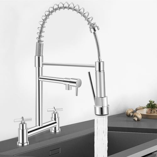 Kitchen Taps Mixer, Sink Mixer Taps 2 Hole Dual Lever, 360° Swivel Brass Faucet with 2 Spray Modes, Corrosion-Resistant Ceramic Valve, Easy Install 2-Hole Deck Mounted (UK 180mm Centre)(Silver)