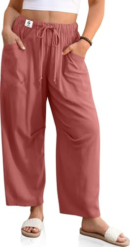 TARSE Women Baggy Linen Harem Pants Wide Leg Lounge Drawstring Barrel Summer Beach Trousers (RustRed, L)