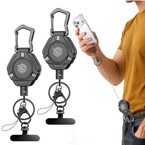 Oaridey Magnetic Anti Theft Phone Strap, Retractable Steel Mobile Phone Lanyard with Heavy Duty Carabiner and 360° Metal Phone Tether Tab For Skiing, Hiking, Fishing, Concert and Traveling, 2 Pack
