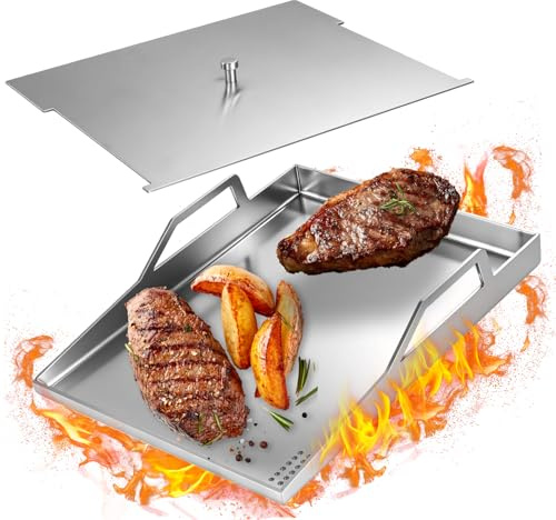 Dibaful Edelstahl Grillplatte Plancha Universal 40x30 cm Gas Holzkohlegrill Anti-Stick | Grillschale für Kohle und Gasgrill Burger Spiegelei Grill Platte mit Deckel