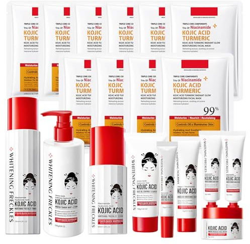 19PCS Skincare Ácido Kójico Kit, Loción Corporal Ácido Kójico Serum, Limpiador Facial, Tónico,Eye Cream,Mascarilla,Crema de Manos con Kojic Acid Crema,Atenúa las Pecas,Apto para Todo Tipo de Piel