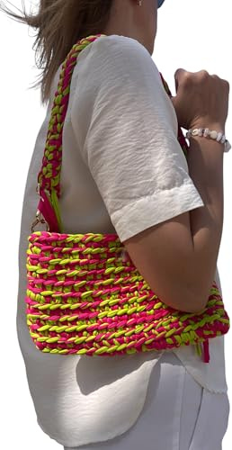 Bolso de Ganchillo Neón Rosa y Verde Lima, Bolso de Trapillo Hecho a Mano, Bolso de Hombro para Verano, Bolso de Punto Suave, Accesorio Festivalero Flúor