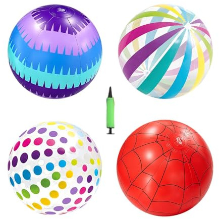 Inflatable Beach Ball Set - 4 Piece Fun Summer Game with Air Pump, Blow Up Beach Balls for Outdoor Activities, Water Park Backyard Beaches Party, Birthday Pool Play