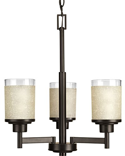 Progress Lighting Alexa Collection 3-Light Etched Umber Linen with Clear Edge Glass Modern Chandelier Light Antique Bronze