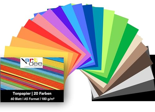 artdee® Tonpapier bunt in 20 verschiedenen Farben 180 g/m² – Bastelpapier Set (60 Blatt gemischt in DIN A5) – Buntes Papier zum Basteln – Bastelpapier bunt für Kinder und Erwachsene