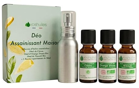 VOSHUILES - Kit Déo Assainissant Maison - 50ml - 3 Huiles Essentielles Citron Niaouli Orange Douce et Vaporisateur - Parfum Naturel pour Intérieur et Literie