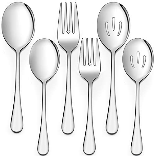 LIANYU 6-Piece Serving Spoons and Forks, 8 3/4 Inch Stainless Steel Buffet Catering Party Banquet Serving Spoon Fork Set, Mirror Finished, Dishwasher Safe