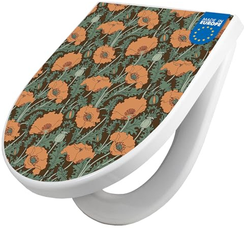 banjado WC Sitz mit Absenkautomatik D Form - Toilettendeckel mit Absenkautomatik D Form - Klodeckel Softclose - stabile Klobrille - Toilettensitz Weiß - Motiv Zeichnung Mohn