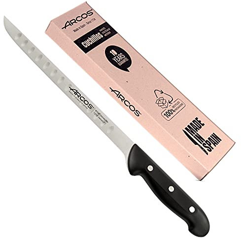 Arcos prosciutto professionale | Coltello prosciutto in acciaio Nitrum | Manico nero | Coltello prosciutto iberico | Serie Maitre| Lama flessibile e lama liscia | 275 mm | Acciaio inossidabile NITRUM