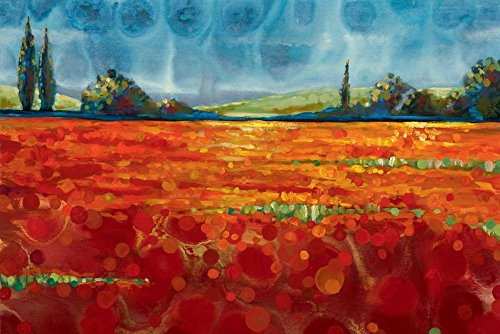 Kunst-Leinwand, auf Holz gespannt, Bars Spring Meadows I Werbelow Selina – Landschaft horizontales Bild rot orange grün blau Landschaft Zypresse Bäume hori Fine Art P 29_X_44_in