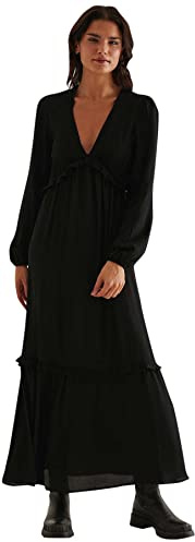 NA-KD Vestido Largo con Volantes y Mangas Globo para Mujer, Negro, 36
