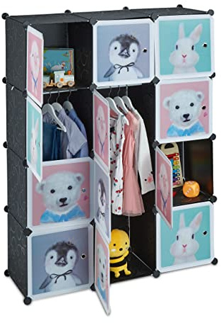 Relaxdays Armario Modular Infantil, 8 Compartimentos, Puertas Estampado Animales, Estantería Niños, 145x109x37 cm, Negro, Caucho