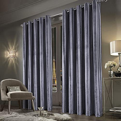 always4u Crushed Velvet Curtains Luxury Line Pattern Curtain Eyelet Thermal Dark for Living Room Window Treatments Silver A Pair 46 * 54