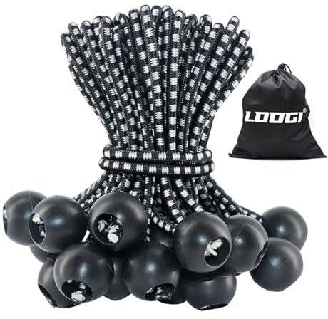 LOOGI Bungee Cord with Balls, 25Pcs 6 Inch Black Bungee Ball Cords, Heavy Duty Tarp Bungees Ties Elastic Tie Down Straps for Tarpaulin Tent Camping Pavilions Flag Marquee