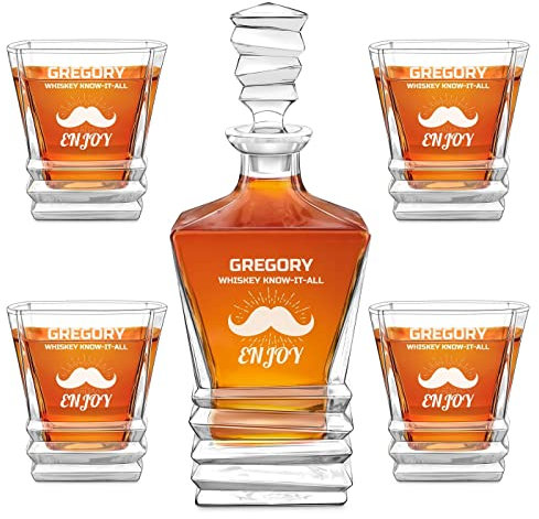Maverton Geometric Whiskey Set for Man - Engraved Glassware for Birthday - Symmetrical Barware for Whisky Lover - Elegant Whiskey Decanter with 4/6 Glasses for him - for Connoisseur - Moustache