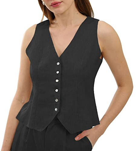 Amazhiyu Gilet da donna in puro lino, senza maniche, con bottoni, con scollo a V, nero, Large