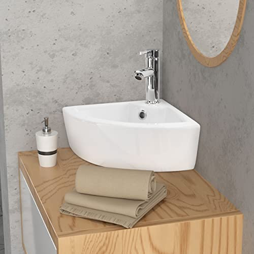 ML-Design Lavabo ad Angolo d'Appoggio in Ceramica Bianco 46 x 33 x 13 cm Lavandino Angolare a Parete con Troppopieno Foro per Rubinetto Scarico Design Moderno Lavello a Triangolo Bagno WC Ospiti