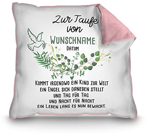 PR Print Royal Kissen zur Taufe mit Name & Datum - Kommt EIN Kind zur Welt - Geschenke zur Taufe, personalisierte Taufgeschenke Patenkind | inkl. Kissenfüllung, Rückseite Rosa, 40 x 40 cm