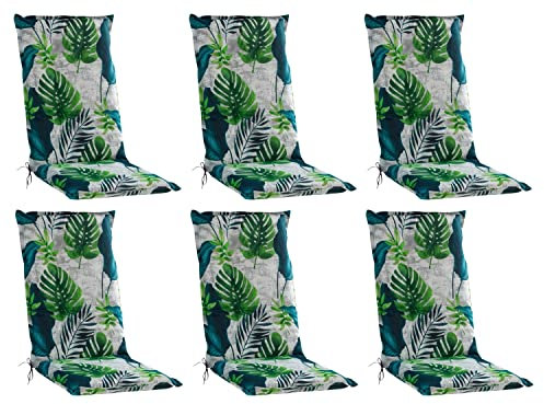 Gartenstuhlauflagen Hochlehner 6er Set - 120 x 50 cm - Blau - Grau - Grün - Baumwolle - Polyester - Blattmotiv - Sesselauflage Sitzpolster Stuhlauflage