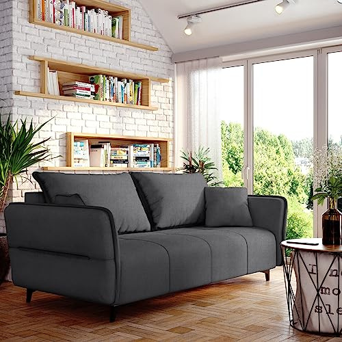 FURNISTAR Sofa Isabell mit Bettkasten Schlafsofa Polstersofa mit Schlaffunktion Klappsofa Couch mit Schwarzen Füßen Sofagarnitur Wohnzimmer Gastzimmer (Sofa, Grafit)