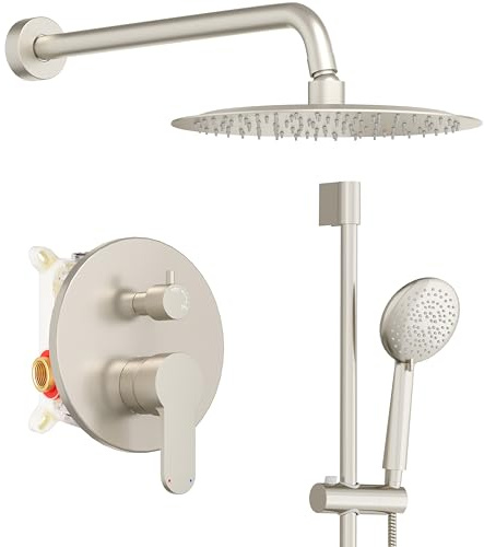 Gabrylly Duschsystem, Hochdruck-Regenduschkopf mit Handbrause, Wandmontage, Gleitstange, Duscharmatur-Set, komplett, Dusch-Kombi-Set mit Duschventil, gebürstetes Nickel