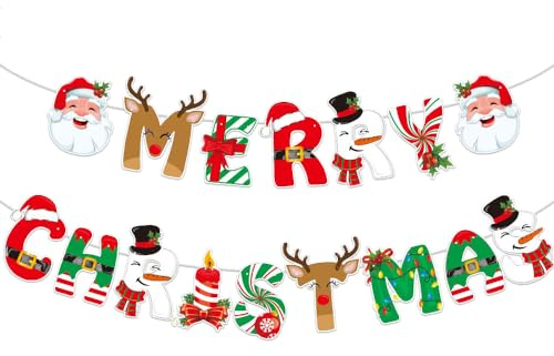 ALIBBON Cartel de Feliz Navidad, muñeco de nieve, Papá Noel, decoraciones de Navidad para chimenea, árbol de Navidad, reno, pancarta de Feliz Navidad para repisa, pared, ventana, suministros de
