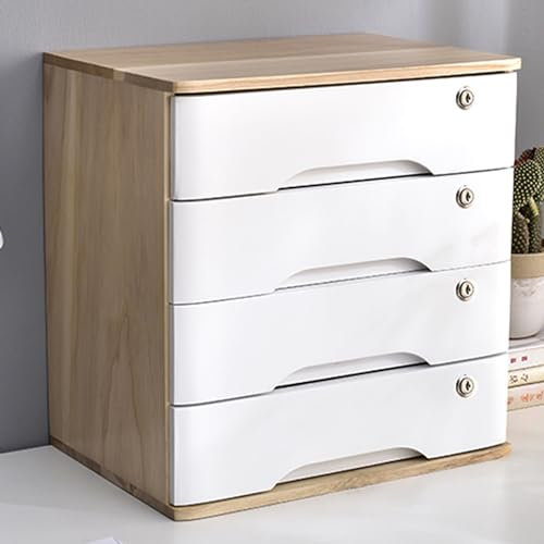 Pllrbvshs Holz-Schubladenbox, Schreibtisch-Organizer mit 4 Schubladen, Schloss, A4-Quittungsordner-Organizer, Mini-Holzkommode für Zuhause, Küche, Büro (C, Weiß, Nussbaum, Gelb)