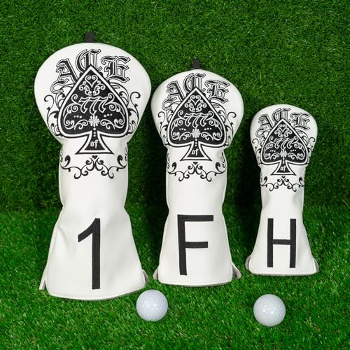Golfschlägerhauben aus Holz, 3 Packungen, 1FH DR FW UT für Driver Fairway Hybrid mit Nr.Tag Gummibandverschluss, weißes PU-Leder, Lucky7-Stickerei