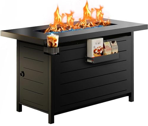 Ciays 43-Inch Propane Fire Pit Table with Glass Beads & Lid, CSA-Certified Gas Fire Pit with Cup Holders, Hanging Shelf & Nylon Cover, Outdoor Fire Pit for Patio & Deck, 60,000 BTU Heat Output