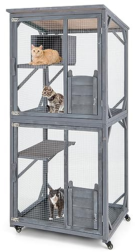 GYMAX Gabbia per Gatti Grande, Recinto per Esterni con Ruote, 80 x 70 x 182 cm