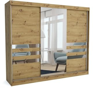 Brent - Kleiderschrank mit Spiegel Henry, 250cm Breit, Schlafzimmerschrank mit 1 Kleiderstange und Einlegeböden für Kleidung, Kleiderschrank Artisan Eiche