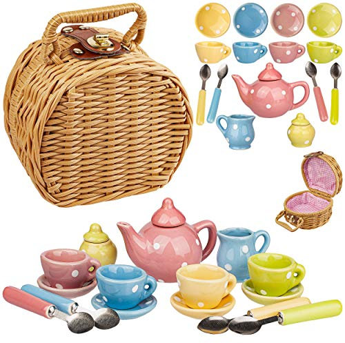 alles-meine.de GmbH 18 TLG. Set Picknick Korb - Puppengeschirr/Teeservice & Kaffeeservice - Bunte Punkte - Geschirr Porzellan/Keramik - Porzellangeschirr & Besteck - Kinder..