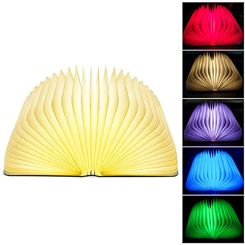 MOBXPAR Lámpara plegable para libros, luz de estado de ánimo, 5 colores, luz nocturna LED novedosa, luz de escritorio en forma de libro, recargable por USB, lámpara de mesita de noche de madera para