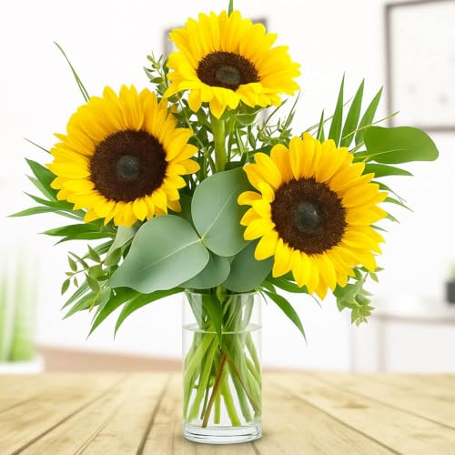 Sonnenblumenstrauß - Drei große Sonnenblumen mit Eukalyptus | Inklusive Grußkarte