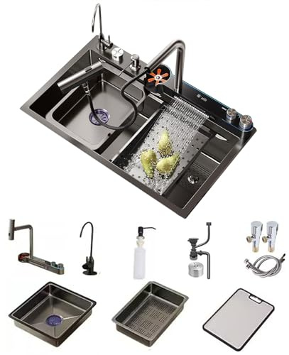 FIVIXIL Fregadero de cocina fregadero de cascada doble integrado con pantalla LED y luz ambiental con lavavasos, dispensador de jabón, escurridor de control de mesa, etc (Gris pistola, 80 * 45 * 22cm)