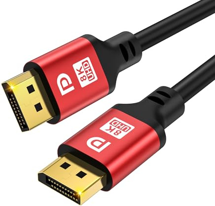 jojobnj Câble displayport 2,1,DP Câble 7m (16K,10K,8K@60Hz, 4K@144Hz, 2K@240Hz, 40 Gbit/s), pour ordinateur portable TV Gaming Monitor (rouge)