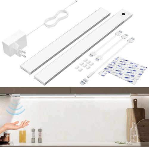 LED kök underskåp med dimbar sensor, 43 cm självhäftande kökslampor, LED-ljusstång kök med uttag, LED-belysning med justerbar garderob, 3 färgtemperaturlägen, 2-pack