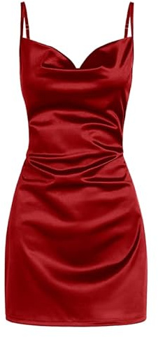 ZAFUL Damen Satin Ärmelloses Spaghettiträger Minikleid Sexy Unterkleid Wasserfallausschnitt Seidige Cocktail Party Kleider (Rot, S)