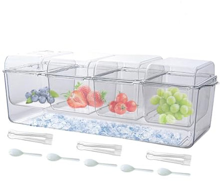 Ice Chilled Condiment CaddyWith 4 Containers, Condiment Server With Separate Lids, Clear PlasticCondiment Server CaddyTray Containers For Bar Accessories, Fruit, Salad, Taco, Garnish