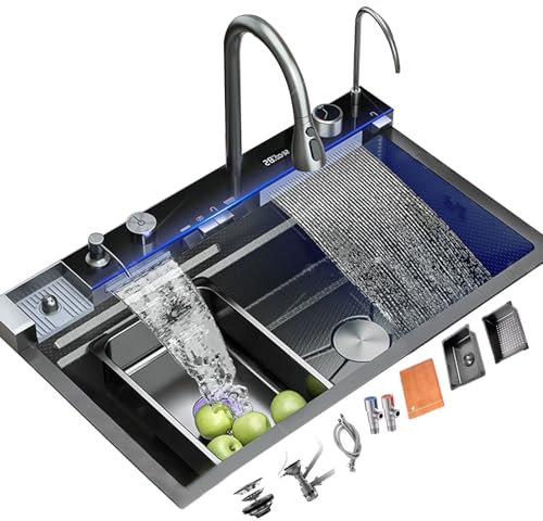 Fregadero De Cocina De Un Solo Tazón Con Grifo De Cascada - Multifunción De Acero Inoxidable en Negro/Blanco/Dorado, Accesorios Incluidos (Negro, 80x46x22cm)